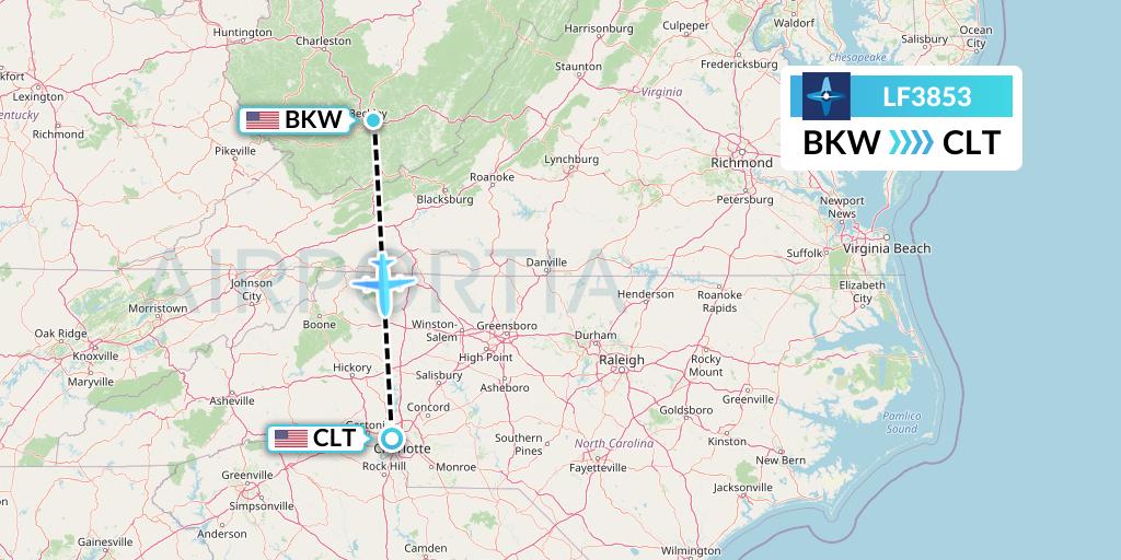 LF3853 Corporate Flight Management Flight Map: Beckley to Charlotte