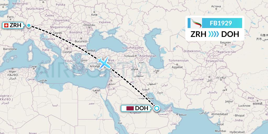 FB1929 Bulgaria Air Flight Map: Zurich to Doha