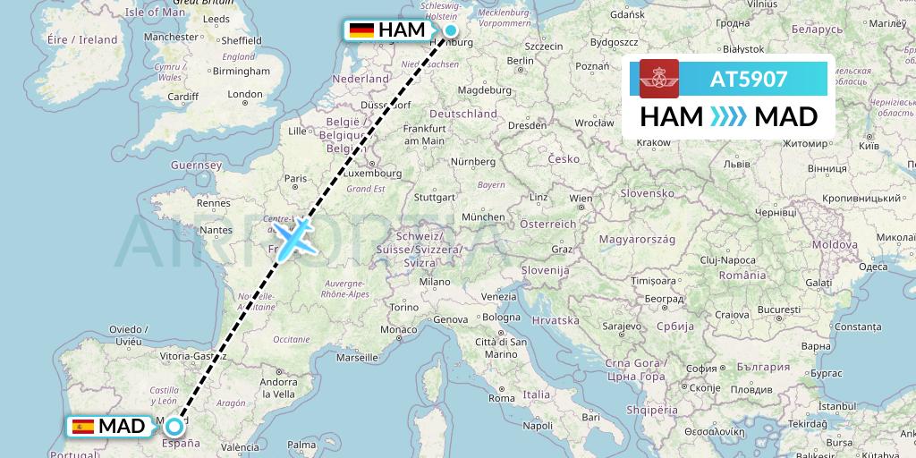 AT5907 Royal Air Maroc Flight Map: Hamburg to Madrid