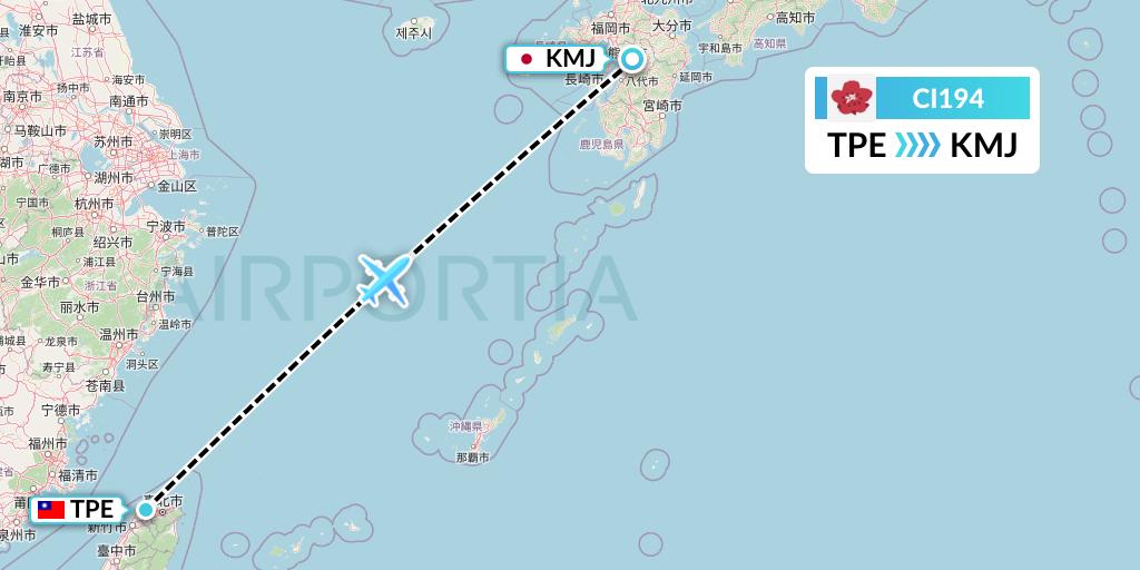 CI194 China Airlines Flight Map: Taipei to Kumamoto