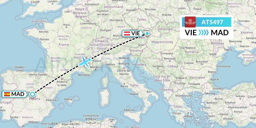 AT5497 Royal Air Maroc Flight Map: Vienna to Madrid