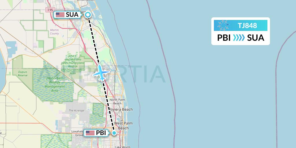 TJ848 Tradewind Aviation Flight Map: West Palm Beach to Stuart