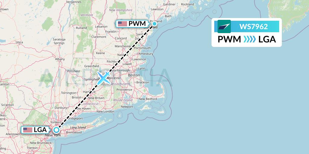WS7962 WestJet Flight Map: Portland to New York