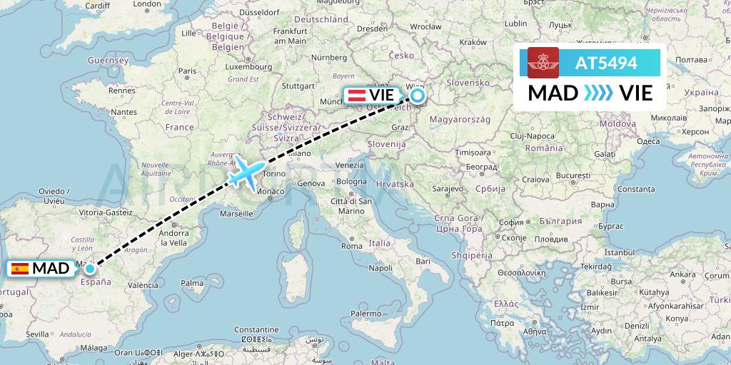 AT5494 Royal Air Maroc Flight Map: Madrid to Vienna
