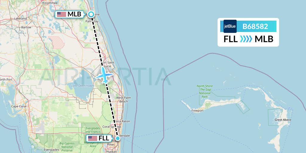 B68582 JetBlue Airways Flight Map: Fort Lauderdale to Melbourne