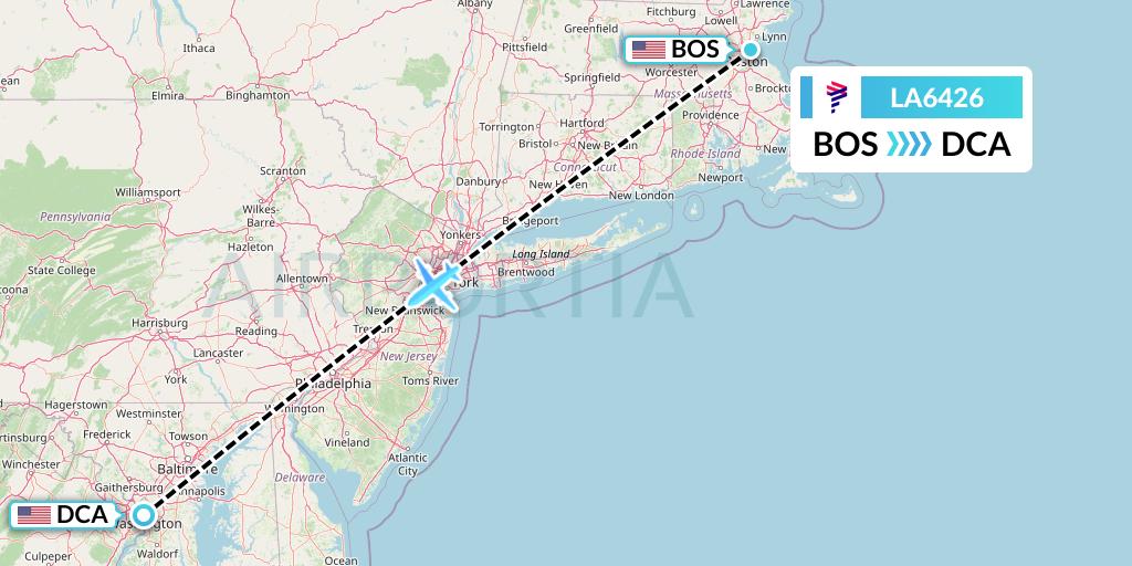 LA6426 LAN Airlines Flight Map: Boston to Washington