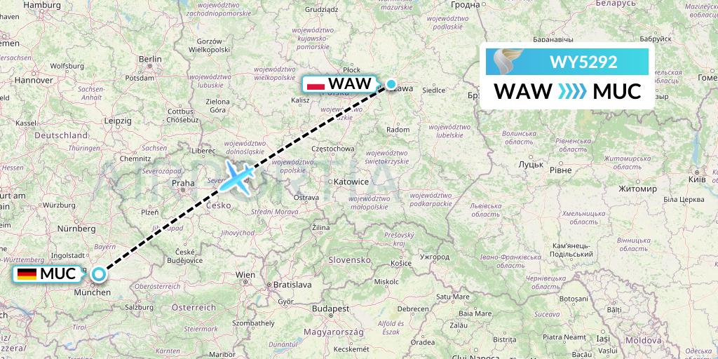 WY5292 Oman Air Flight Map: Warsaw to Munich