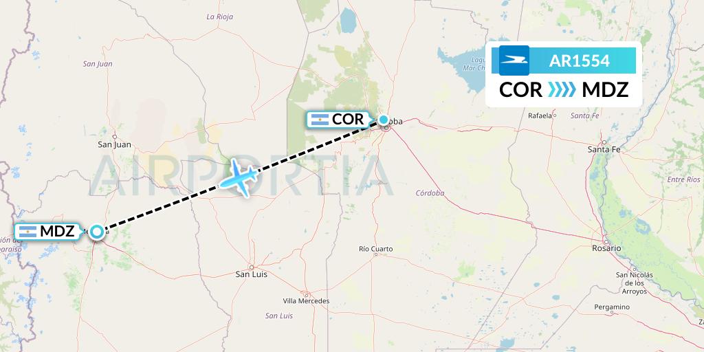 AR1554 Aerolineas Argentinas Flight Map: Cordoba to Mendoza