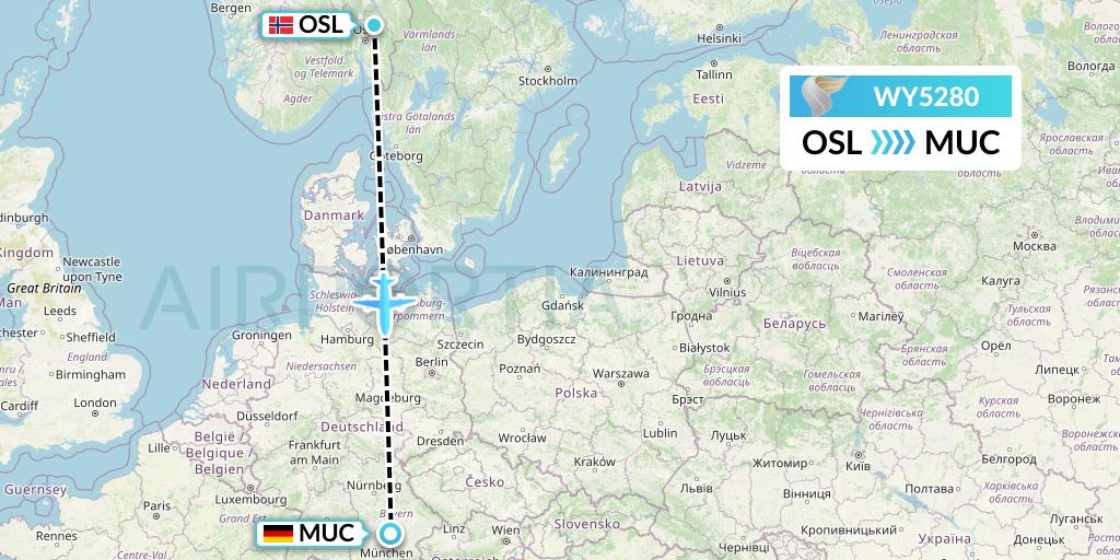 WY5280 Oman Air Flight Map: Oslo to Munich