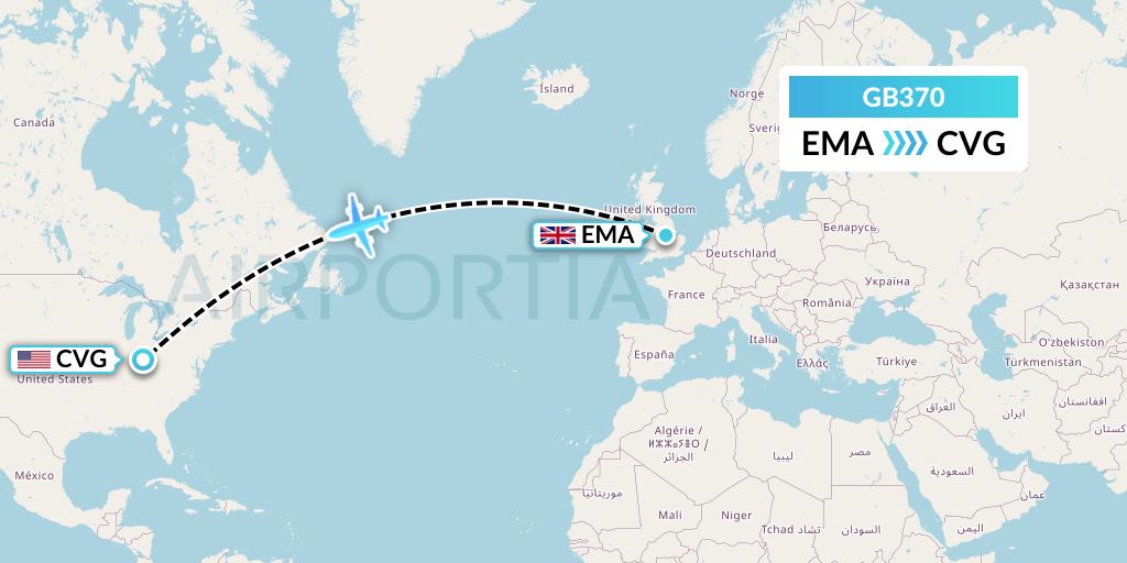 GB370 ABX Air Flight Map: East Midlands to Cincinnati