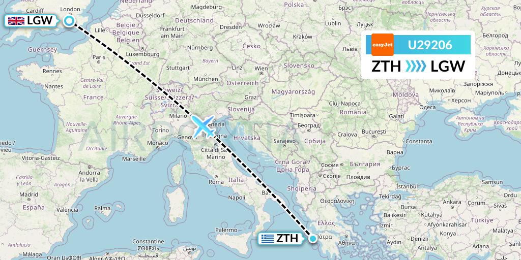 U29206 EasyJet Flight Map: Zakynthos to London