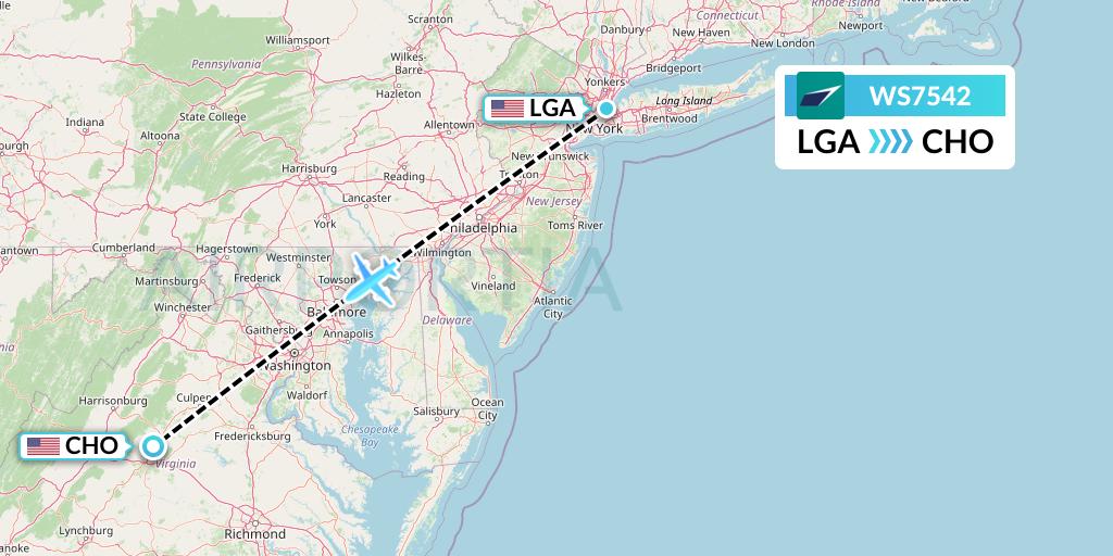 WS7542 WestJet Flight Map: New York to Charlottesville