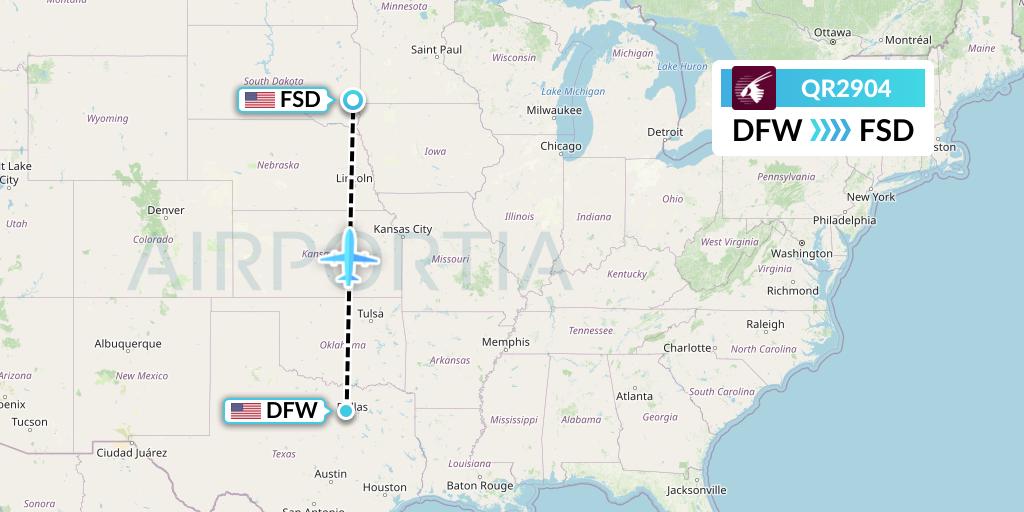 QR2904 Qatar Airways Flight Map: Dallas to Sioux Falls