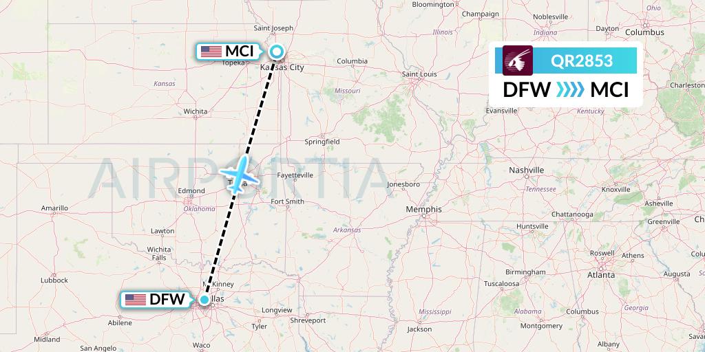 QR2853 Qatar Airways Flight Map: Dallas to Kansas City