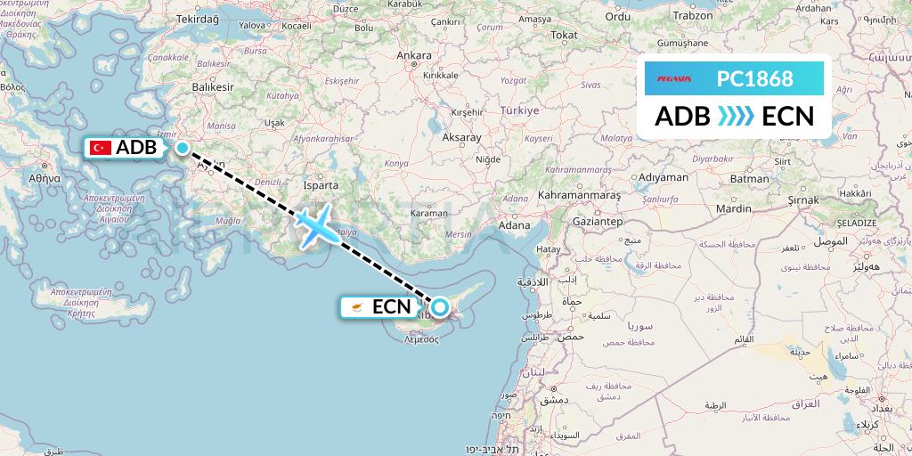 PC1868 Pegasus Airlines Flight Map: Izmir to Tymvou