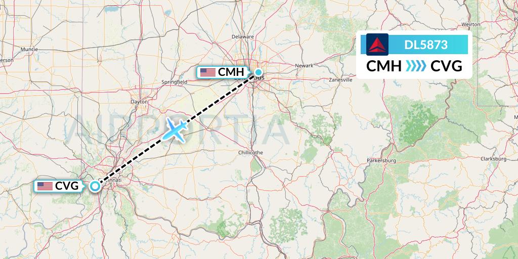 DL5873 Delta Air Lines Flight Map: Columbus to Cincinnati