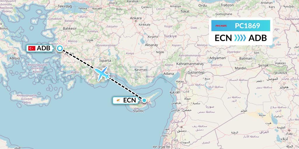 PC1869 Pegasus Airlines Flight Map: Tymvou to Izmir