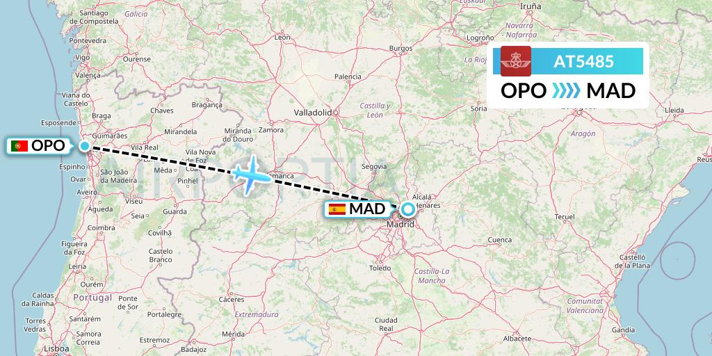 AT5485 Royal Air Maroc Flight Map: Porto to Madrid