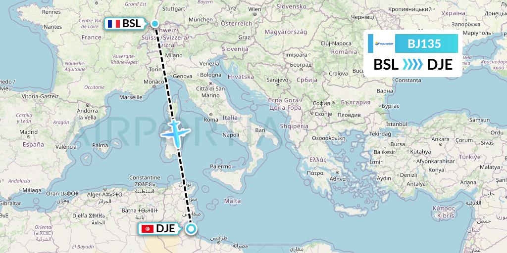 BJ135 Nouvelair Tunisie Flight Map: Basel to Djerba