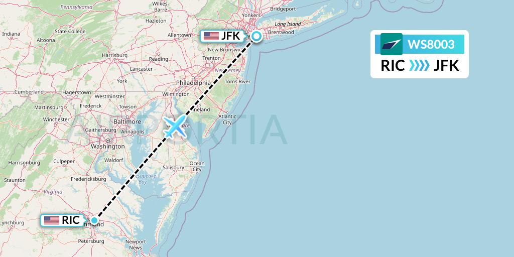 WS8003 WestJet Flight Map: Richmond to New York