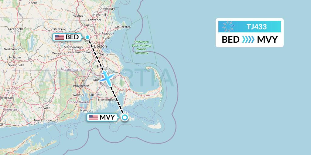 TJ433 Tradewind Aviation Flight Map: Bedford to Martha's Vineyard
