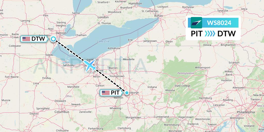 WS8024 WestJet Flight Map: Pittsburgh to Detroit