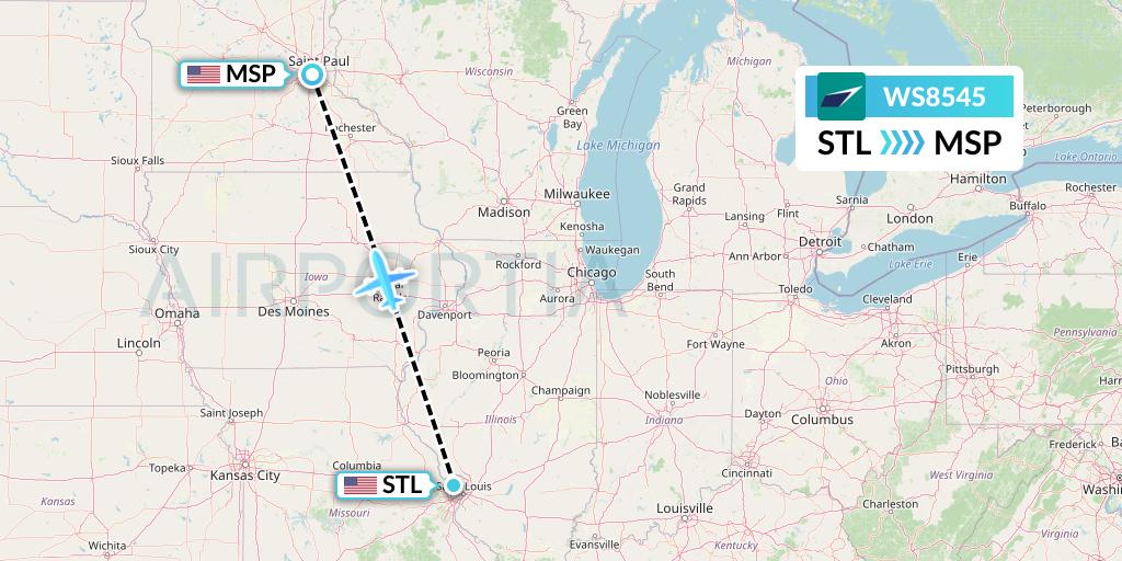 WS8545 WestJet Flight Map: St. Louis to Minneapolis