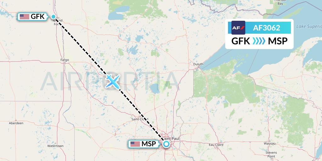 AF3062 Air France Flight Map: Grand Forks to Minneapolis