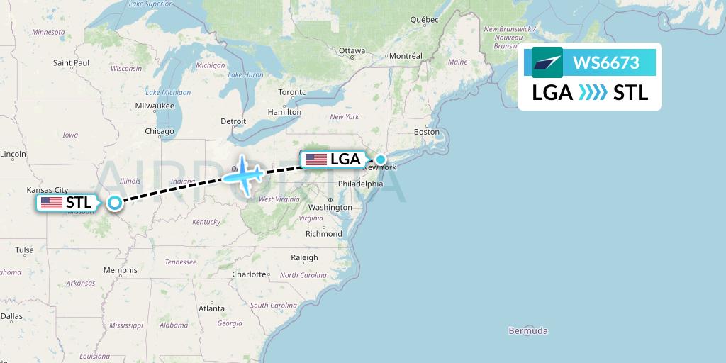 WS6673 WestJet Flight Map: New York to St. Louis