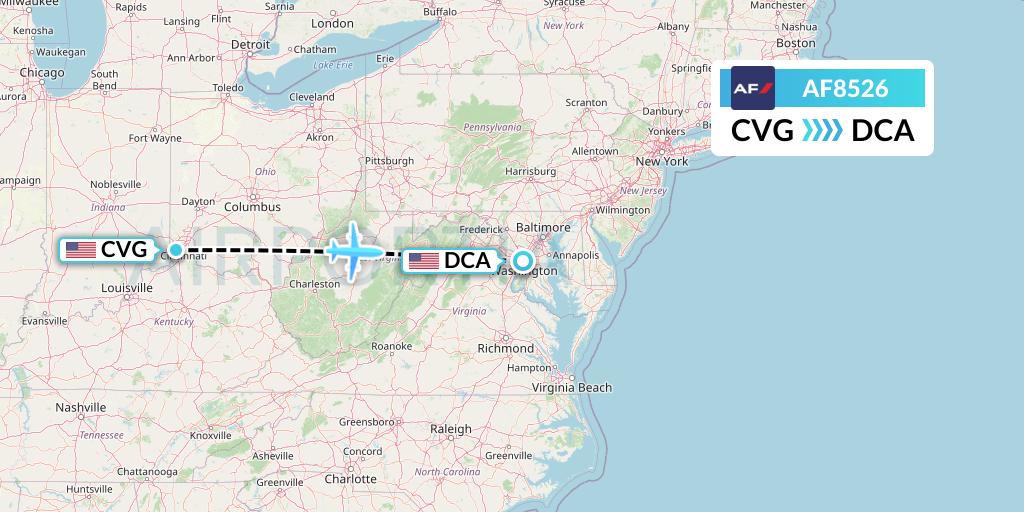 AF8526 Air France Flight Map: Cincinnati to Washington
