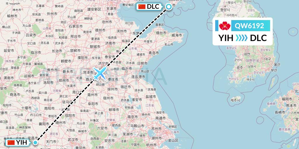QW6192 Qingdao Airlines Flight Map: Yichang to Dalian