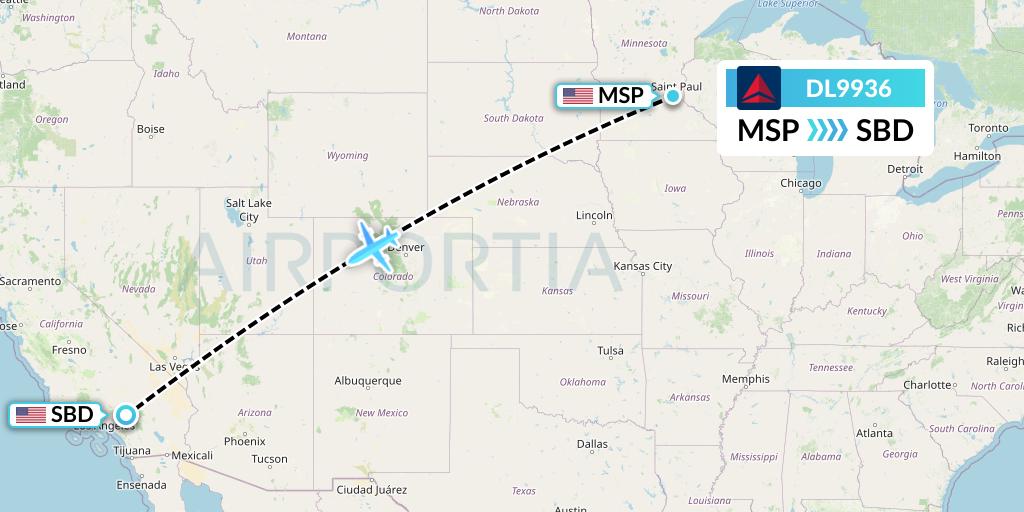 DL9936 Delta Air Lines Flight Map: Minneapolis to San Bernardino