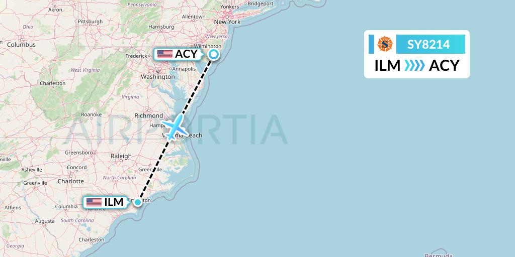 SY8214 Sun Country Airlines Flight Map: Wilmington to Atlantic City