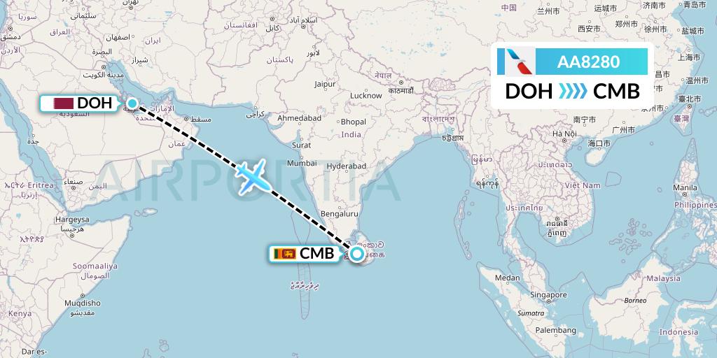 AA8280 American Airlines Flight Map: Doha to Colombo