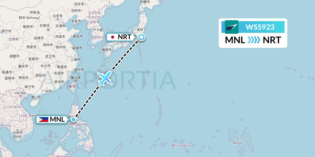 WS5923 WestJet Flight Map: Manila to Tokyo