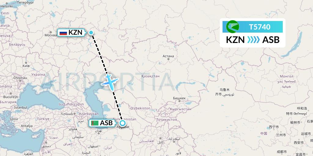 T5740 Turkmenistan Airlines Flight Map: Kazan to Ashgabat