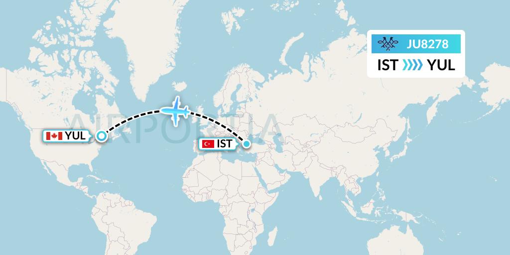 JU8278 AirSERBIA Flight Map: Istanbul to Montreal