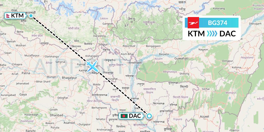 BG374 Biman Bangladesh Airlines Flight Map: Kathmandu to Dhaka
