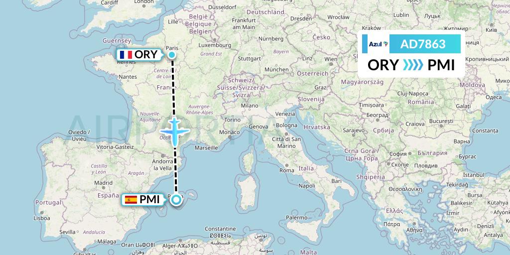 AD7863 Azul Brazilian Airlines Flight Map: Paris to Palma de Mallorca