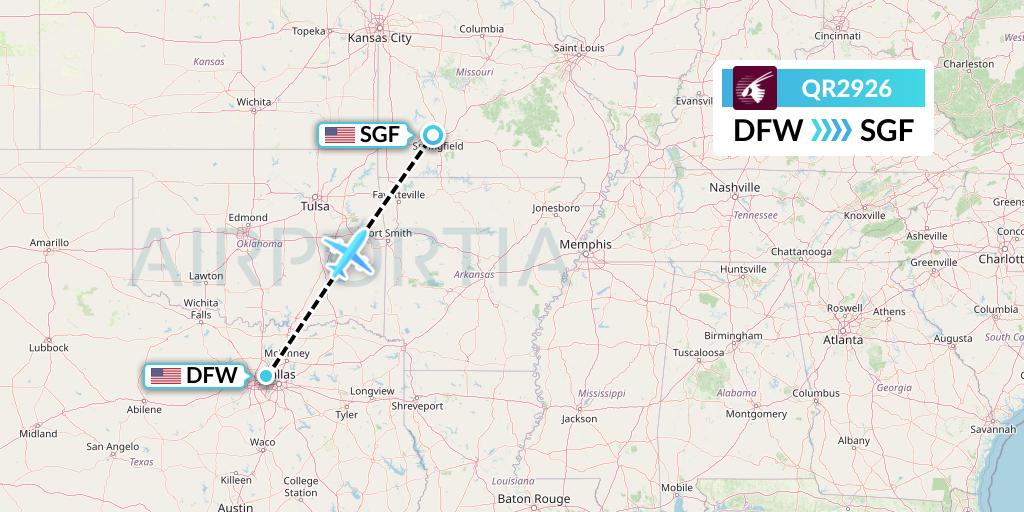 QR2926 Qatar Airways Flight Map: Dallas to Springfield