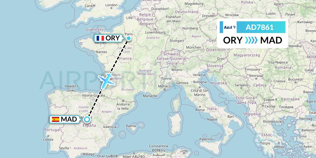 AD7861 Azul Brazilian Airlines Flight Map: Paris to Madrid