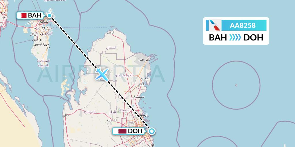 AA8258 American Airlines Flight Map: Bahrain to Doha