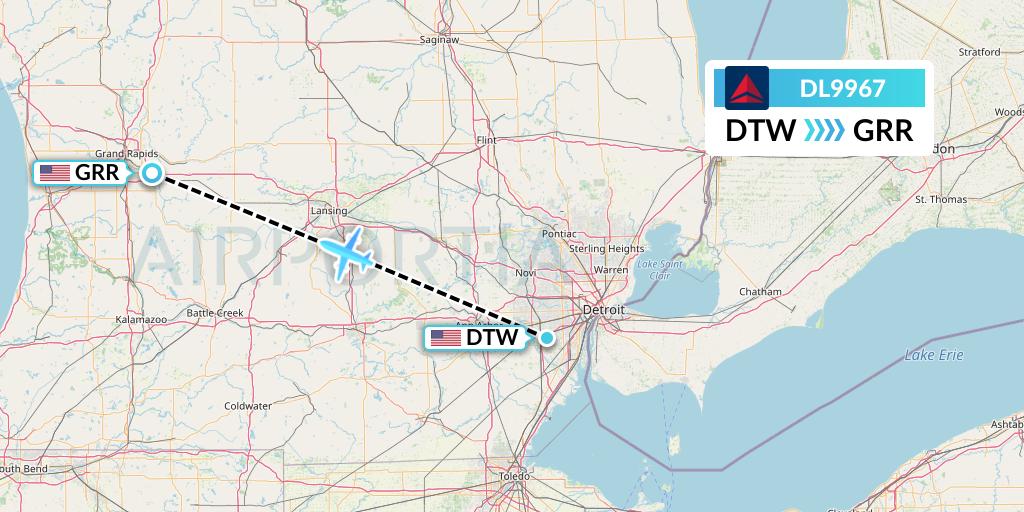 DL9967 Delta Air Lines Flight Map: Detroit to Grand Rapids