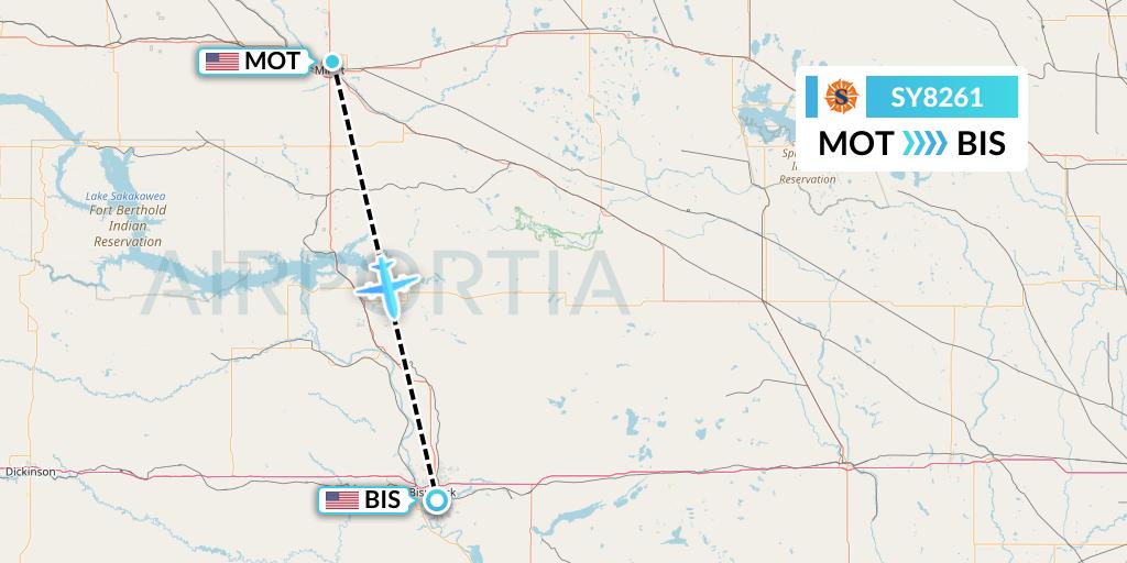 SY8261 Sun Country Airlines Flight Map: Minot to Bismarck