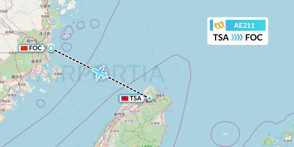 AE211 Mandarin Airlines Flight Map: Taipei to Fuzhou