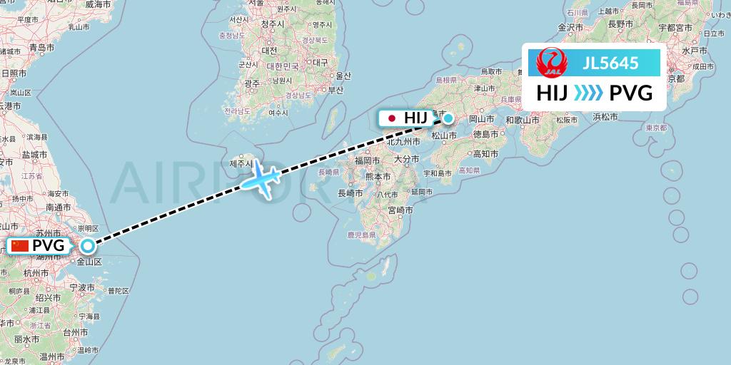 JL5645 Japan Airlines Flight Map: Hiroshima to Shanghai