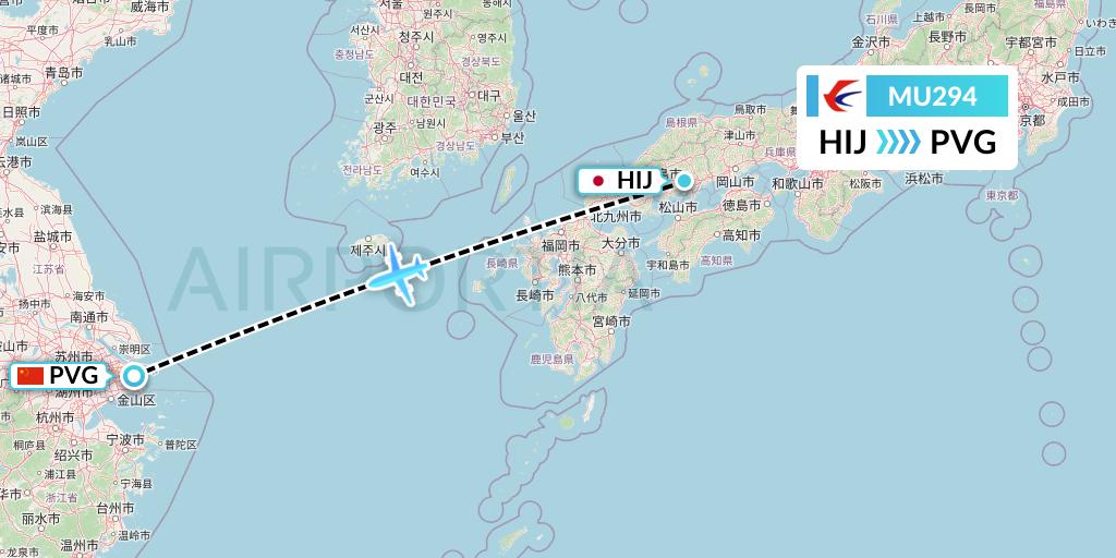 MU294 China Eastern Airlines Flight Map: Hiroshima to Shanghai
