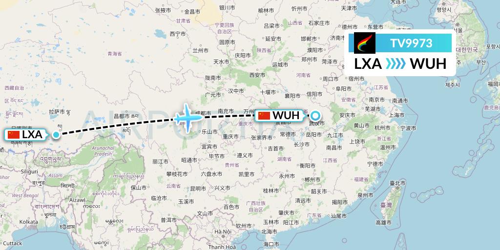 TV9973 Tibet Airlines Flight Map: Lhasa to Wuhan