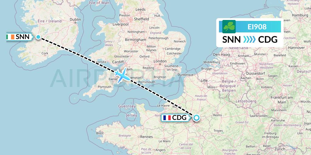 EI908 Aer Lingus Flight Map: Shannon to Paris