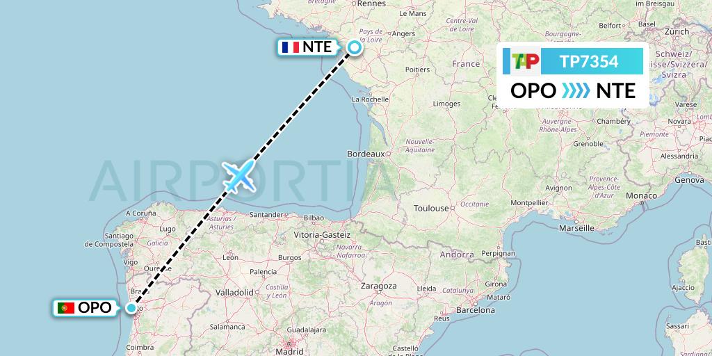TP7354 TAP Portugal Flight Map: Porto to Nantes